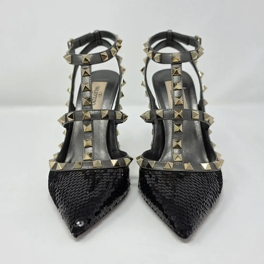 Valentino Rockstud Slingback Heels Stud Black Sequin Strappy Gladiator Pump 37 7